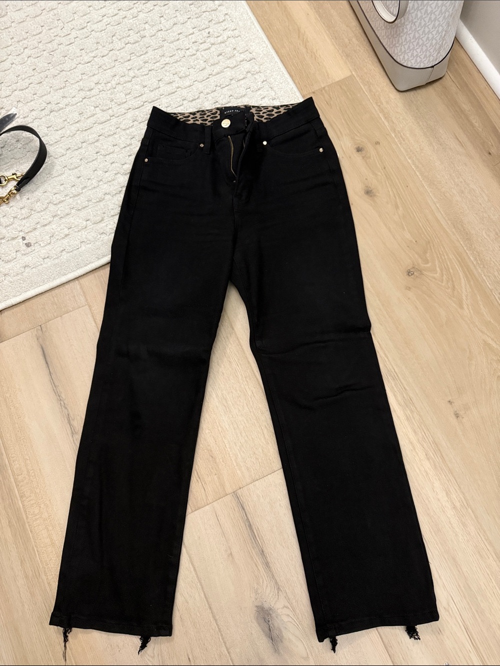 Black Straight-Leg Women's Jeans with Leopard-Trim Waist